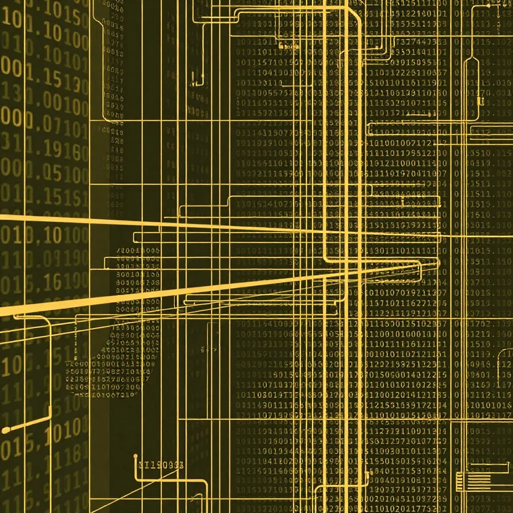 Abstract industrial visualization of data flow, binary code